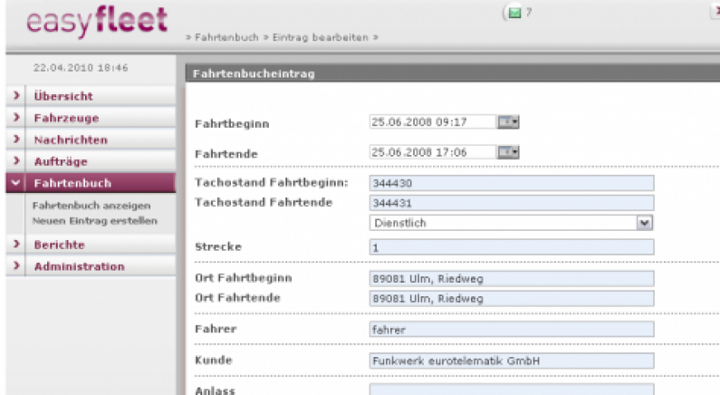 Screenshot aus dem neuen Fahrtenbuch der Funkwerk eurotelematik. Bild: Funkwerk eurotelematik GmbH