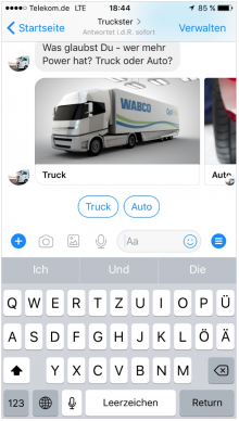 Der WABCO Chatbot „Truckster“ bringt Jugendlichen über den Facebook Messenger interaktiv und spielerisch die Welt der Nutzfahrzeuge näher. Bild: WABCO