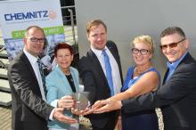 Veranstalter von Chemnitz B2B v.l.n.r. Sören Uhle (CWE), Dr. Ina Meinelt (P3N), Christoph Neuberg (IHK), Steffi Schönherr (HWK), Andre Rehn (Messe Chemnitz), Bild: Wolfgang Schmidt