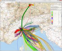 Simulationsbeispiel von Logistiknetzwerk und Distributionsstruktur Norditalien in der Frachtkostensimulations- und Analysesoftware SCALA. Bild: Städtler-Logistik